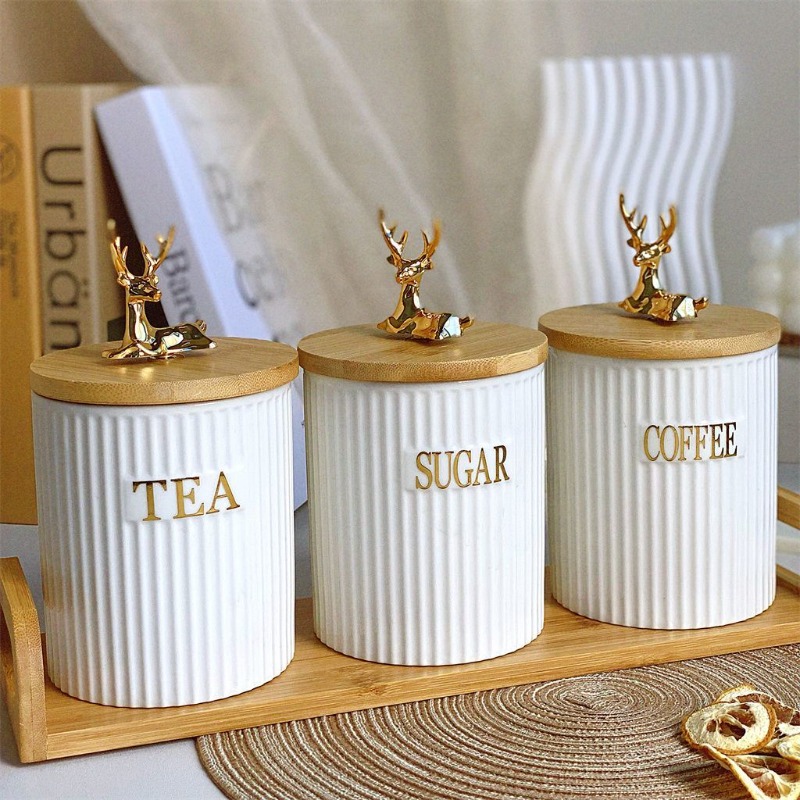 Coffee Tea And Sugar Canister Set - 3 Piece Set European White Elk