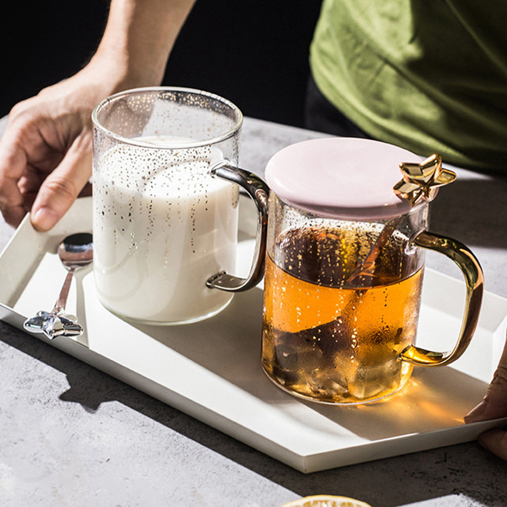 Coffee Tea Break - 1Set Glass Cup Set Spoon Lid