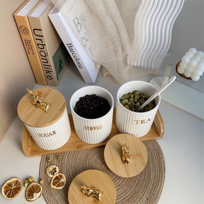 3 Piece Set European White Elk - Coffee Tea And Sugar Canister Set review and price